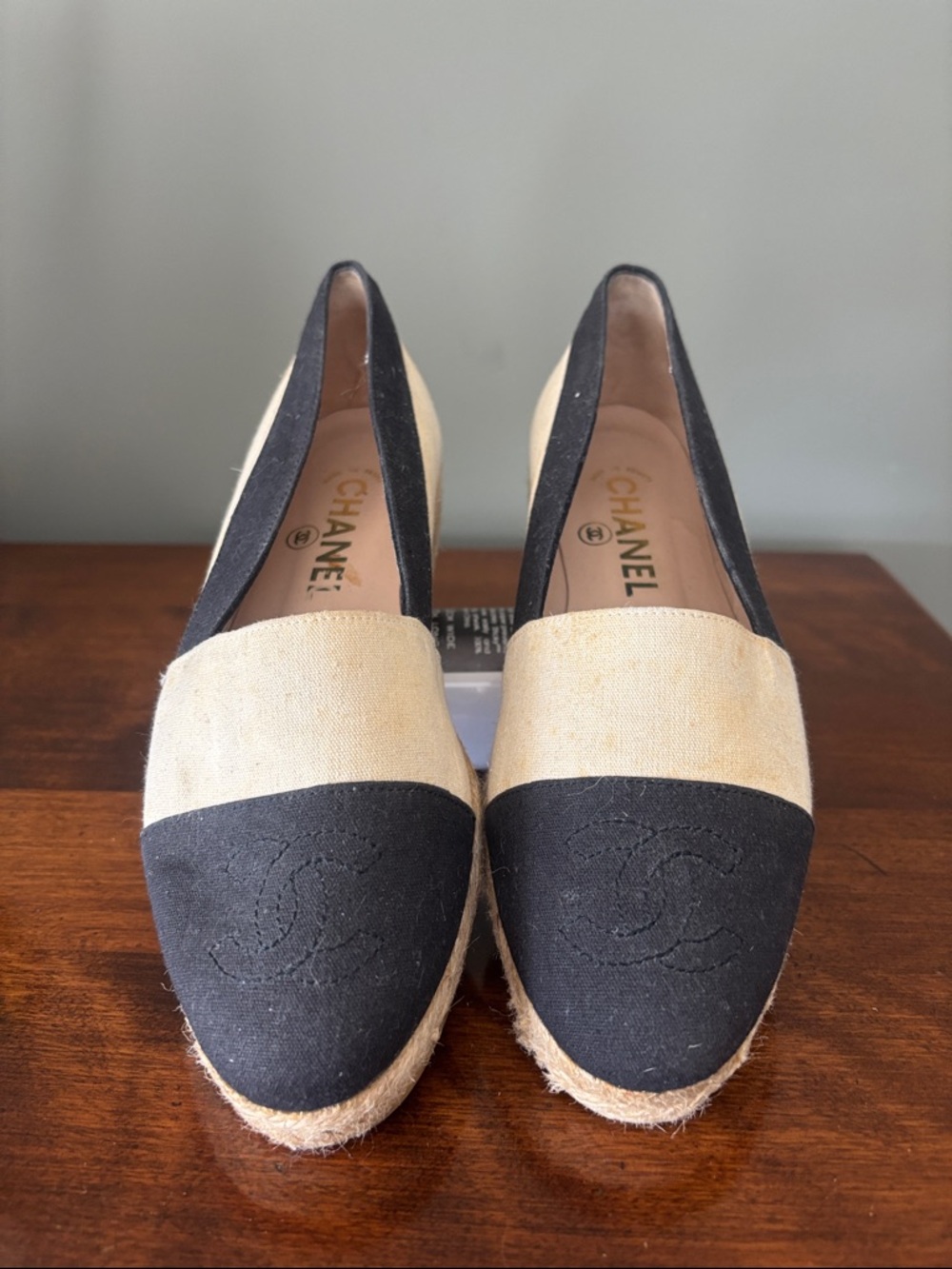 CHANEL Black and Cream Canvas Espadrille Flats